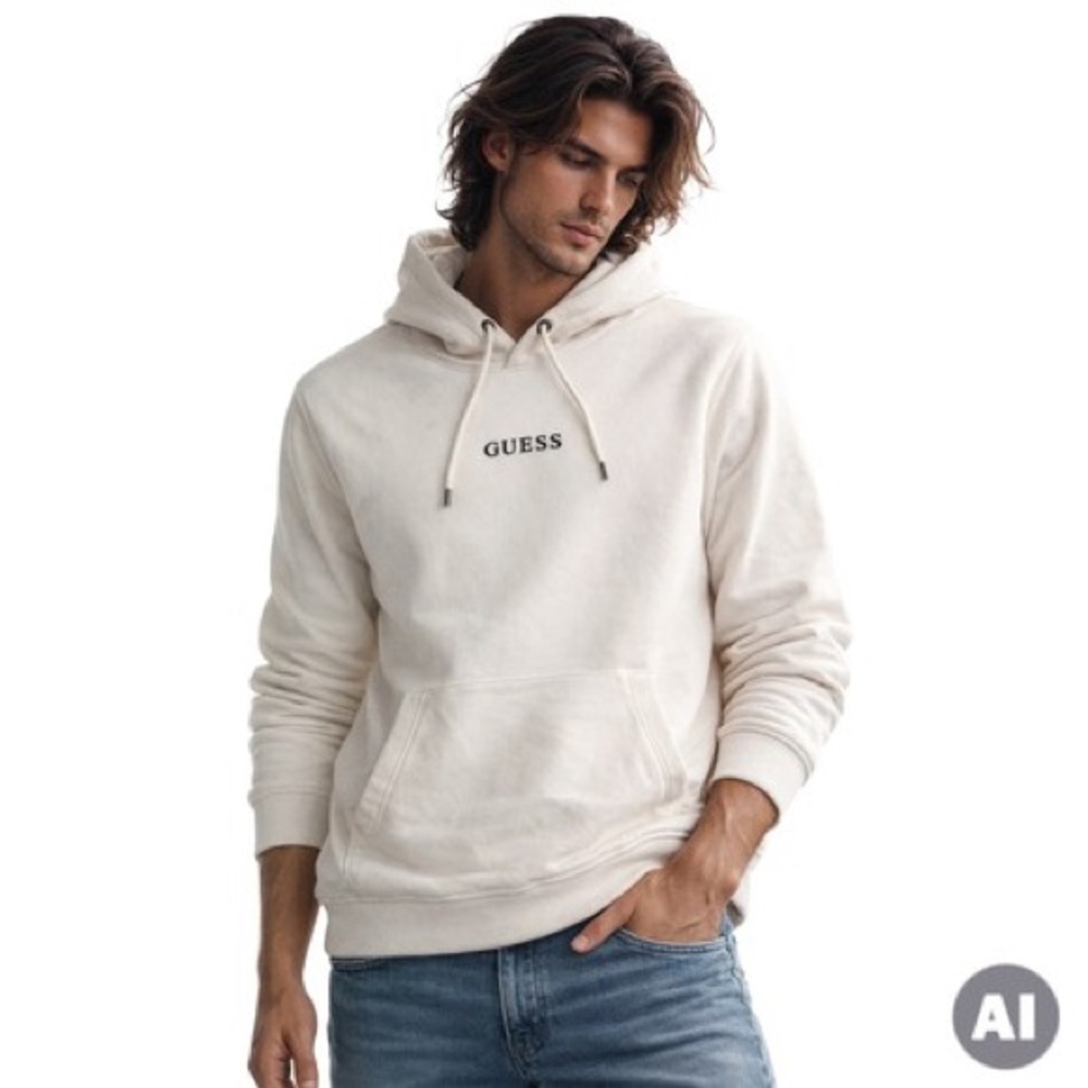 GUESS Beige Pullover Hoodie Logo Minimalist Streetwear Athleisure Men’s Medium